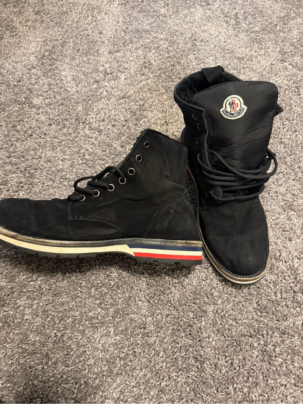 Moncler Black Suede High-Top Lace-Up Boots with Tricolor Sole Detail